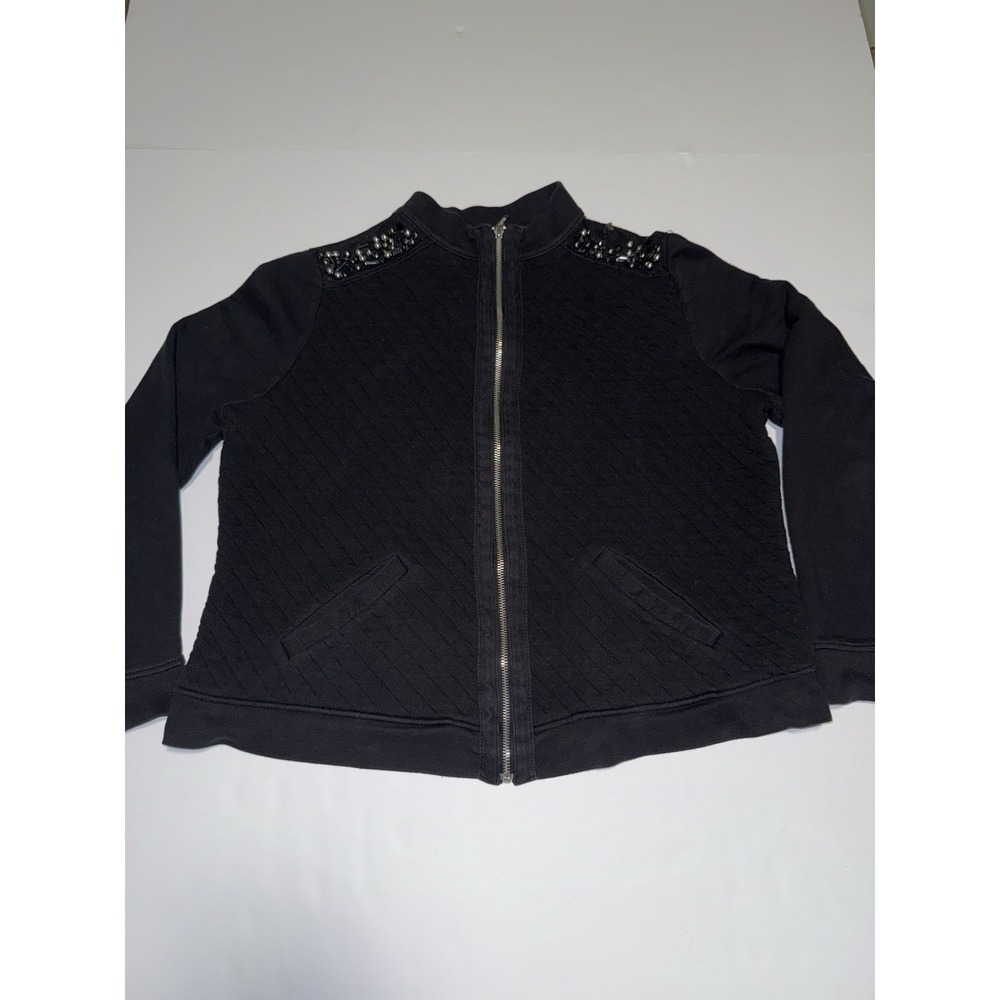 Vintage Chico's Women Quilted Jacket 2 Black Full Zip Beaded Coat Cotton Blend
